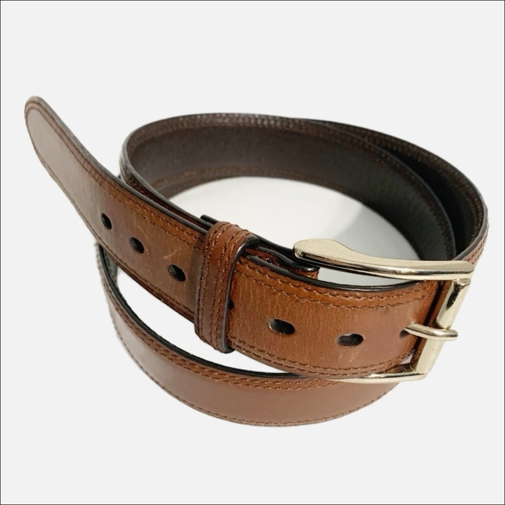Haggar Smooth Leather Belt Gold Toned Hardware Square Belt Buckle Size 38 🤎💛